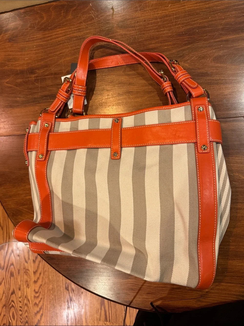 NWT Francesco Biasia Perfect Striped Canvas Leather Tote Bag Orange Luxury Italy - Picture 3 of 14